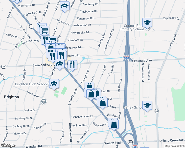 map of restaurants, bars, coffee shops, grocery stores, and more near 86 Hampshire Drive in Rochester