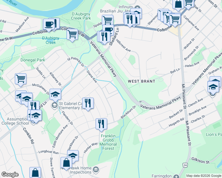 map of restaurants, bars, coffee shops, grocery stores, and more near 55 Diana Avenue in Brantford