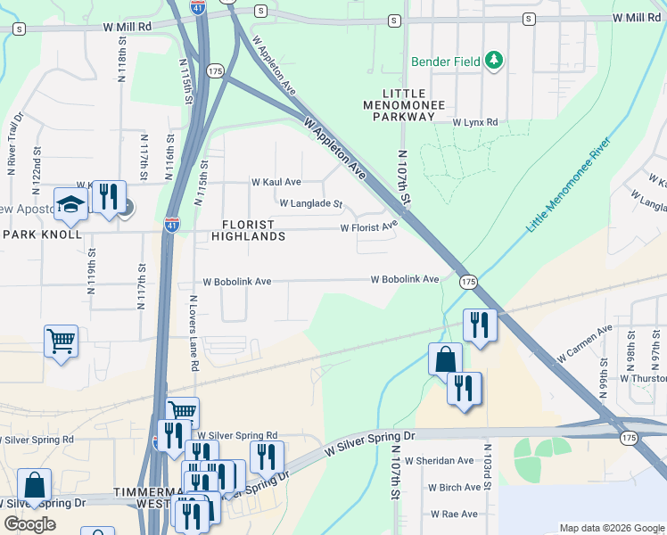 map of restaurants, bars, coffee shops, grocery stores, and more near 10910 West Bobolink Avenue in Milwaukee