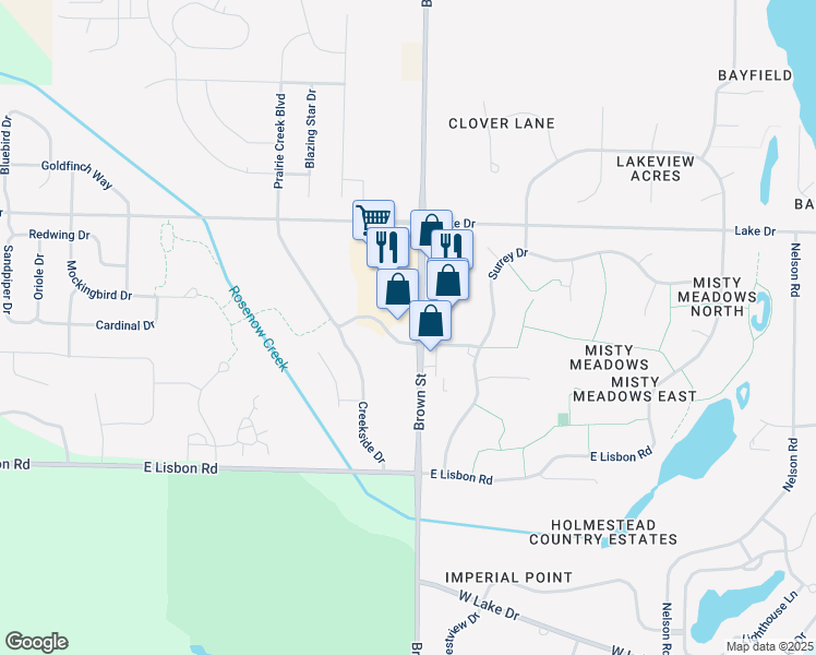 map of restaurants, bars, coffee shops, grocery stores, and more near 1220 Brown Street in Oconomowoc