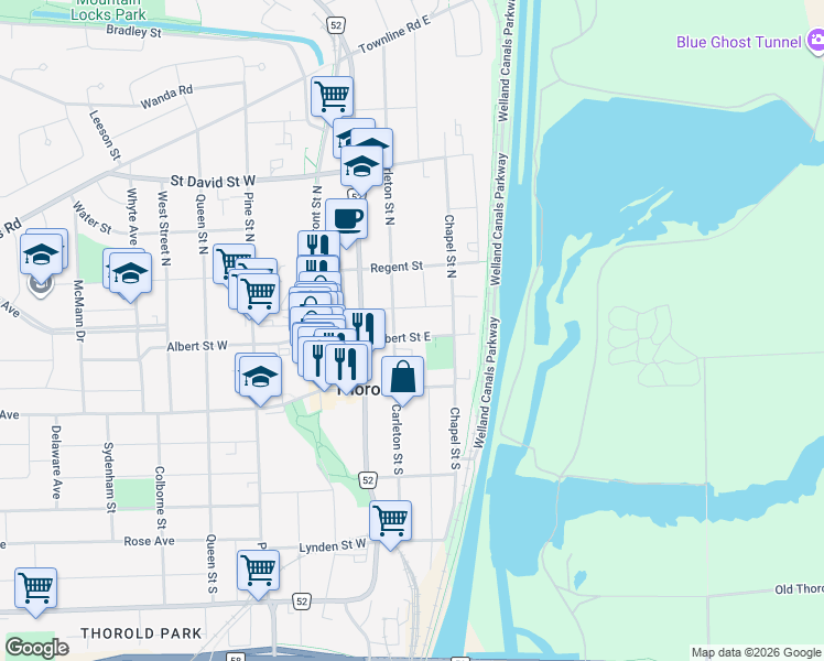 map of restaurants, bars, coffee shops, grocery stores, and more near 44 Albert Street East in Thorold