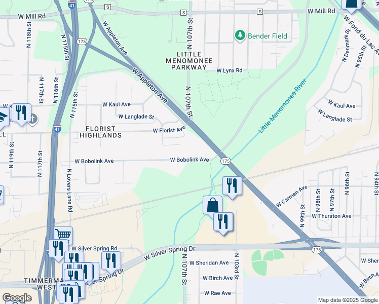 map of restaurants, bars, coffee shops, grocery stores, and more near 10678 W Bobolink Ave in Milwaukee