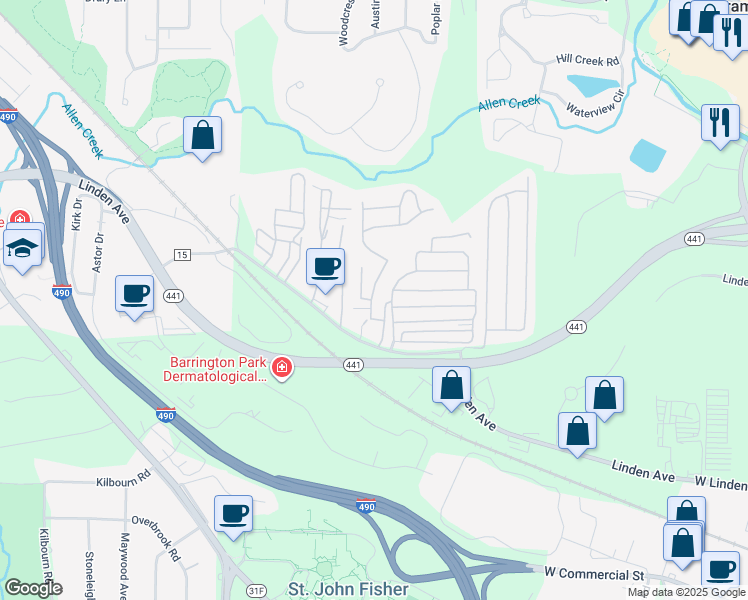 map of restaurants, bars, coffee shops, grocery stores, and more near 7 Wayside Drive in Rochester