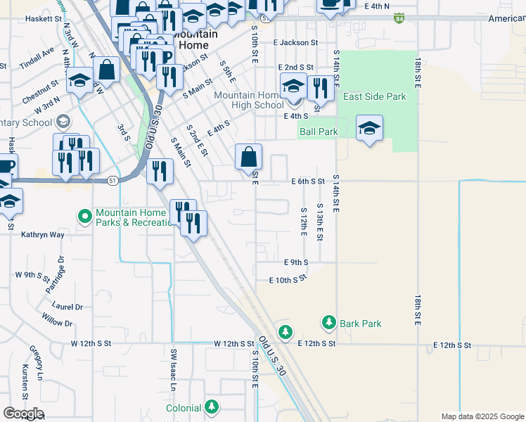 map of restaurants, bars, coffee shops, grocery stores, and more near 715 South 10th East Street in Mountain Home