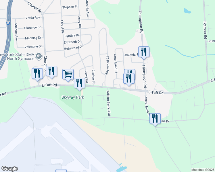 map of restaurants, bars, coffee shops, grocery stores, and more near 5991 East Taft Road in Syracuse