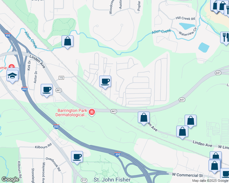 map of restaurants, bars, coffee shops, grocery stores, and more near 7 Wayside Drive in Rochester