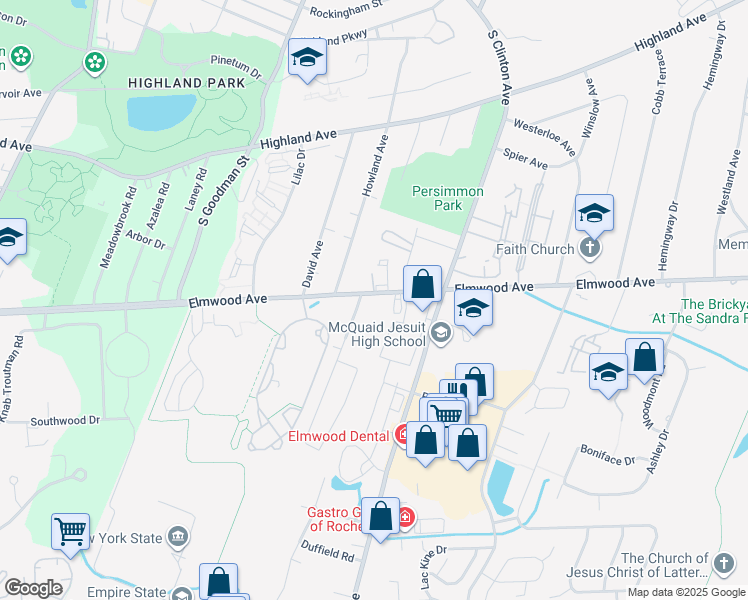map of restaurants, bars, coffee shops, grocery stores, and more near 1555 Elmwood Avenue in Brighton