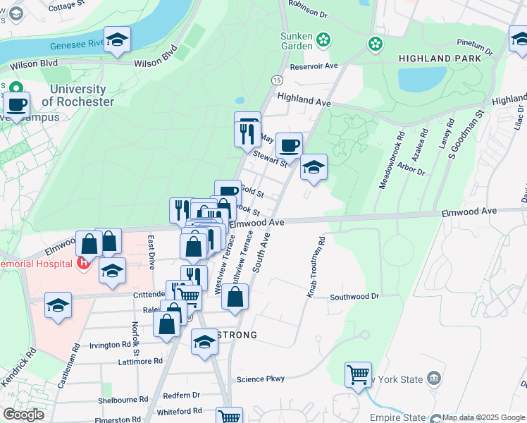 map of restaurants, bars, coffee shops, grocery stores, and more near 1551 South Avenue in Rochester