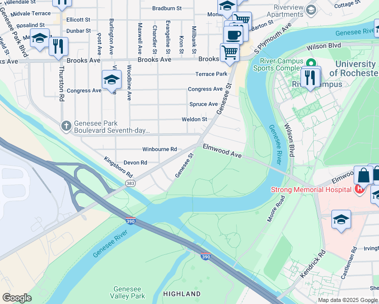 map of restaurants, bars, coffee shops, grocery stores, and more near 1316 Genesee Street in Rochester