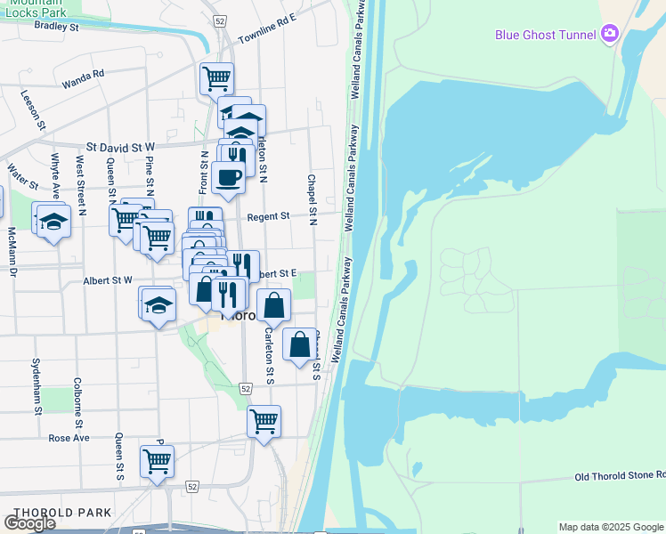 map of restaurants, bars, coffee shops, grocery stores, and more near 70 Albert Street East in Thorold