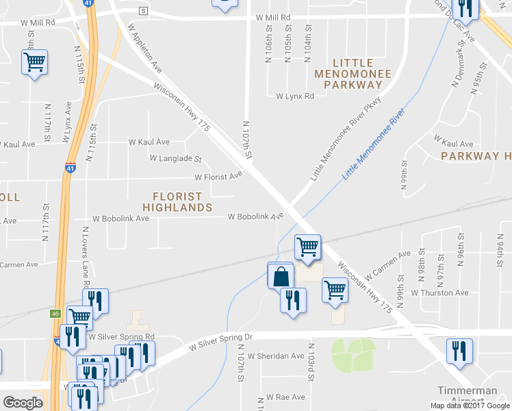 map of restaurants, bars, coffee shops, grocery stores, and more near 10678 West Bobolink Avenue in Milwaukee