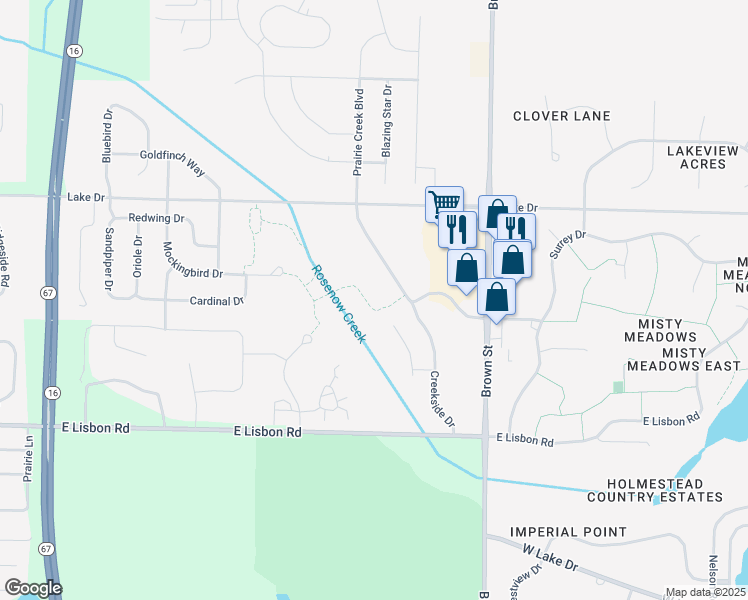 map of restaurants, bars, coffee shops, grocery stores, and more near 1200 Prairie Creek Boulevard in Oconomowoc
