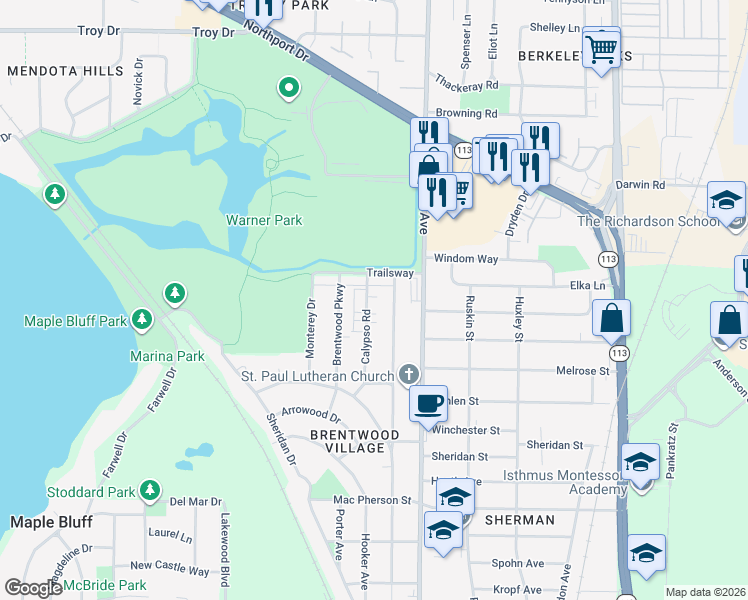 map of restaurants, bars, coffee shops, grocery stores, and more near 2413 Calypso Road in Madison