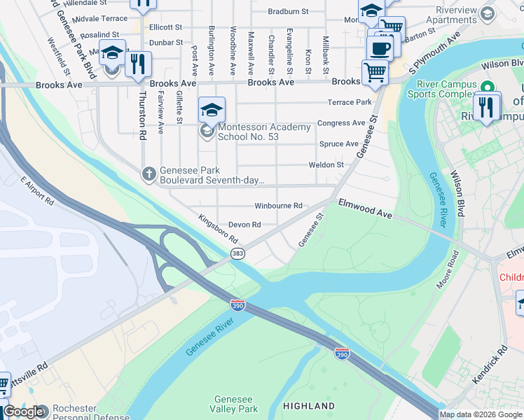 map of restaurants, bars, coffee shops, grocery stores, and more near 121 Winbourne Road in Rochester