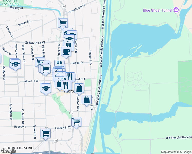 map of restaurants, bars, coffee shops, grocery stores, and more near 70 Albert Street East in Thorold