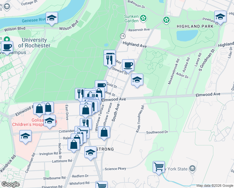 map of restaurants, bars, coffee shops, grocery stores, and more near 1551 South Avenue in Rochester
