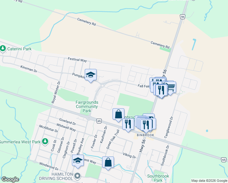 map of restaurants, bars, coffee shops, grocery stores, and more near 222 Fall Fair Way in Hamilton