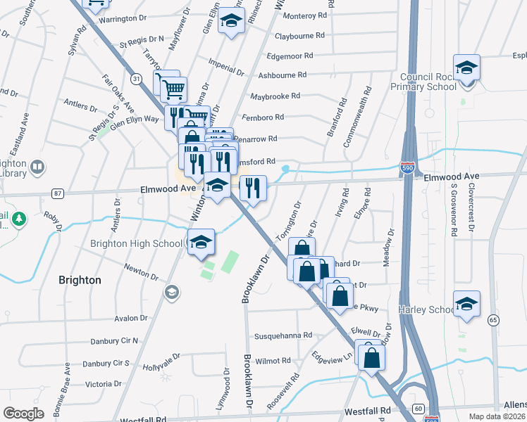 map of restaurants, bars, coffee shops, grocery stores, and more near 56 Continental Drive in Rochester