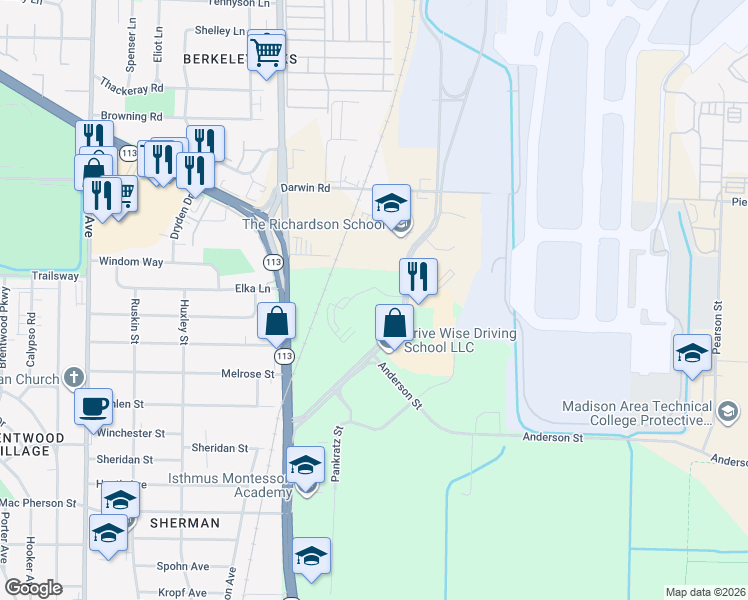 map of restaurants, bars, coffee shops, grocery stores, and more near 2423 American Lane in Madison