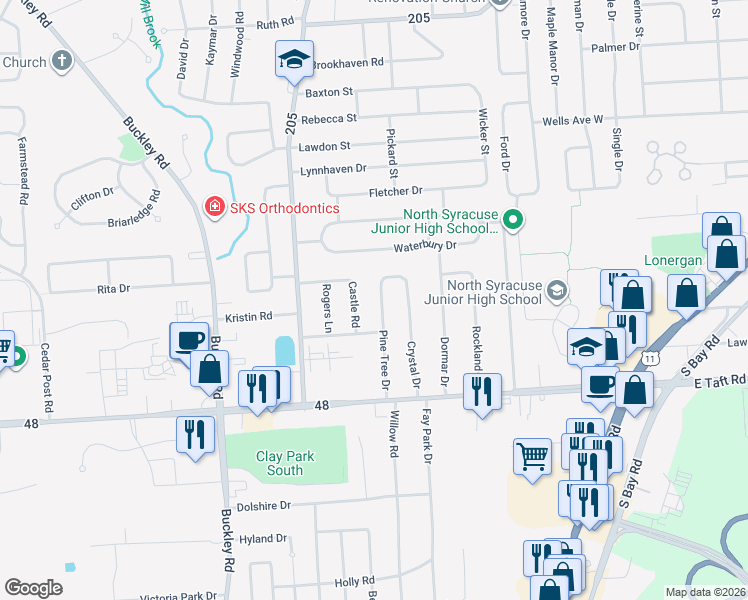 map of restaurants, bars, coffee shops, grocery stores, and more near 106 Castle Road in Syracuse
