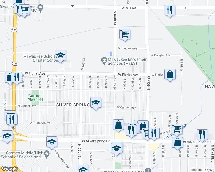 map of restaurants, bars, coffee shops, grocery stores, and more near 5920 North 65th Street in Milwaukee