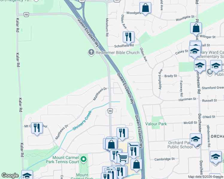 map of restaurants, bars, coffee shops, grocery stores, and more near 3232 Montrose Road in Niagara Falls