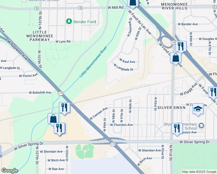map of restaurants, bars, coffee shops, grocery stores, and more near 9863 West Menomonee Park Court in Milwaukee