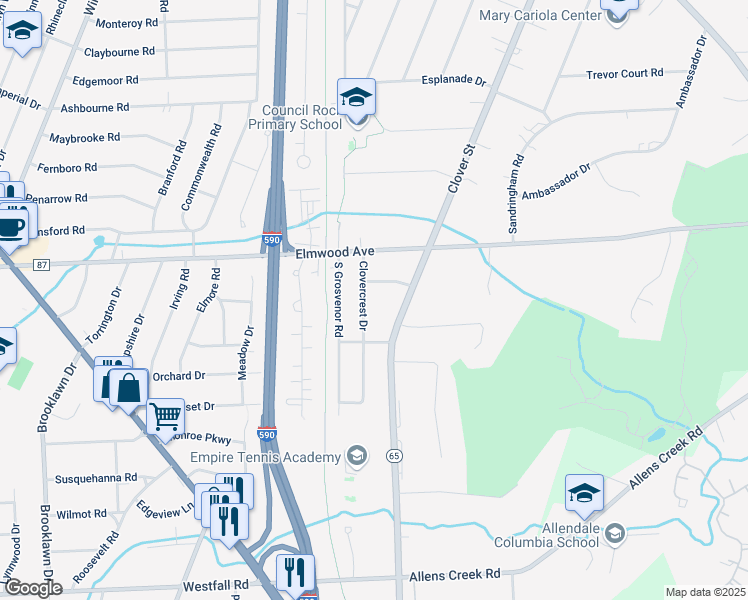 map of restaurants, bars, coffee shops, grocery stores, and more near 1715 Clover Street in Rochester