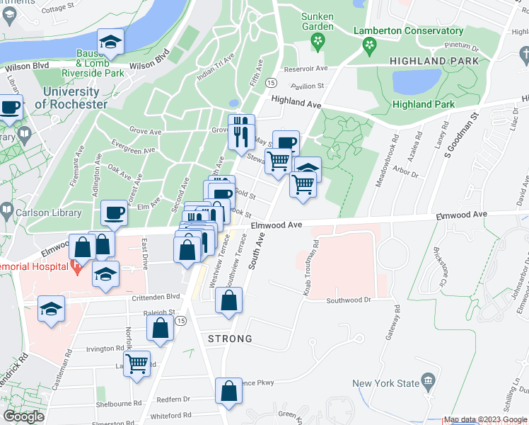 map of restaurants, bars, coffee shops, grocery stores, and more near 1551 South Avenue in Rochester
