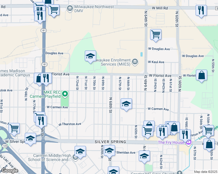 map of restaurants, bars, coffee shops, grocery stores, and more near 5903 North 68th Street in Milwaukee
