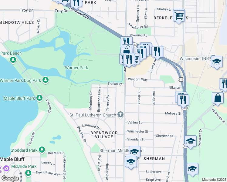 map of restaurants, bars, coffee shops, grocery stores, and more near 2413 Calypso Road in Madison