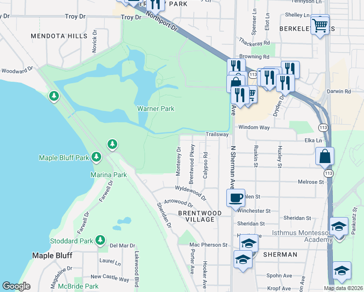 map of restaurants, bars, coffee shops, grocery stores, and more near 2500 Monterey Drive in Madison