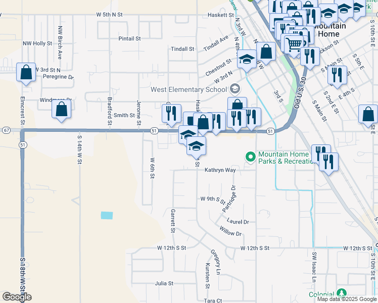 map of restaurants, bars, coffee shops, grocery stores, and more near 675 South Haskett Street in Mountain Home