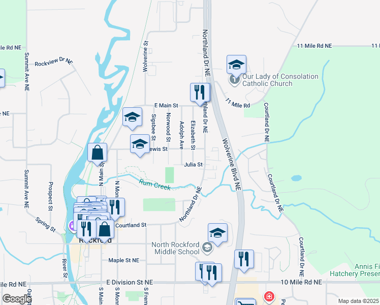 map of restaurants, bars, coffee shops, grocery stores, and more near 258 Adolph Avenue in Rockford