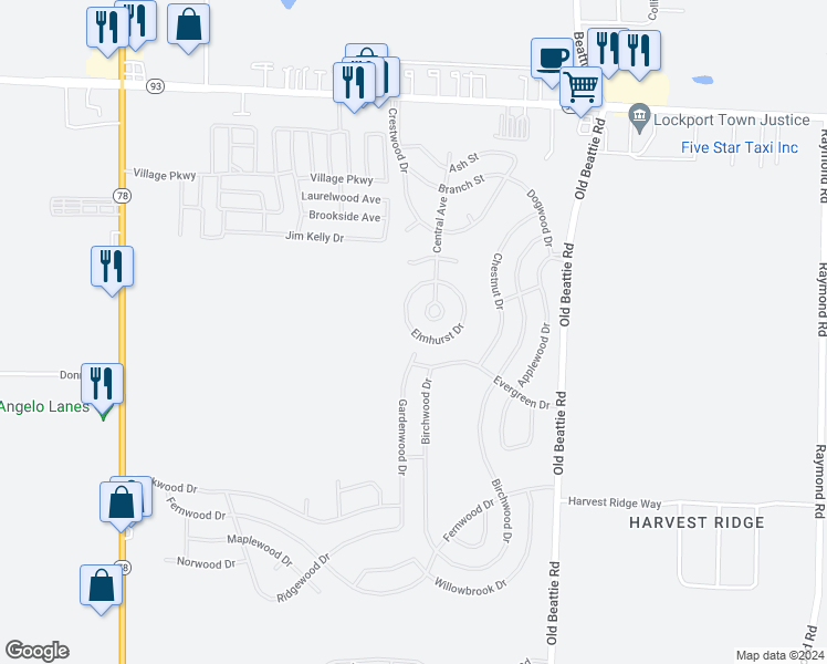 map of restaurants, bars, coffee shops, grocery stores, and more near 128 Elmhurst Drive in Lockport