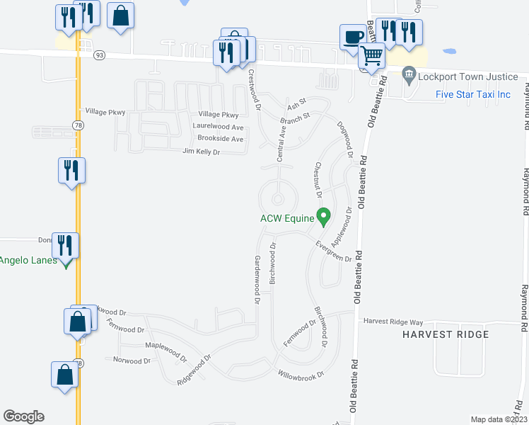 map of restaurants, bars, coffee shops, grocery stores, and more near 127 Elmhurst Drive in Lockport