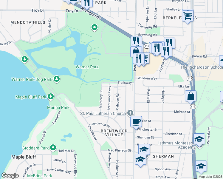 map of restaurants, bars, coffee shops, grocery stores, and more near 2501 Brentwood Parkway in Madison