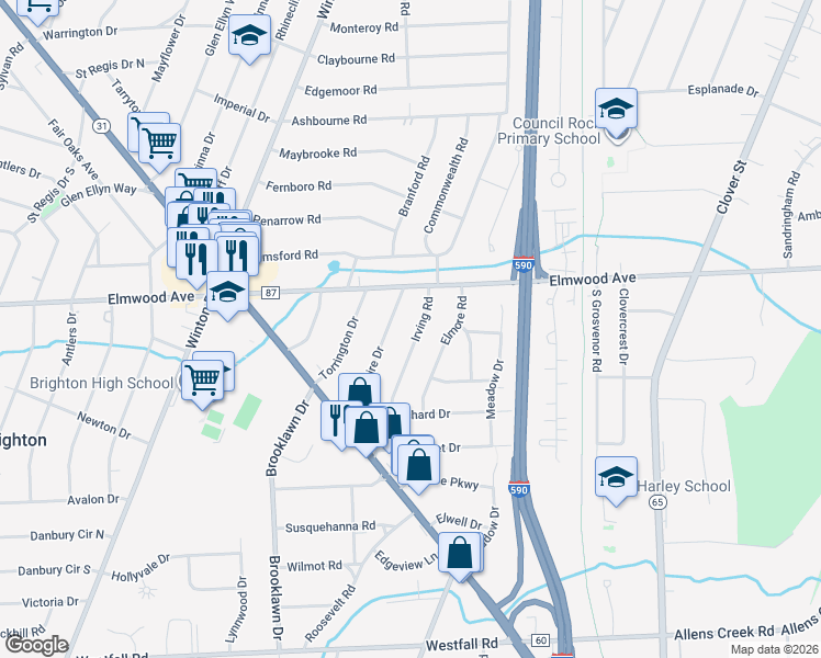 map of restaurants, bars, coffee shops, grocery stores, and more near 74 Irving Road in Rochester