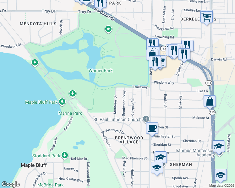 map of restaurants, bars, coffee shops, grocery stores, and more near 2505 Monterey Drive in Madison