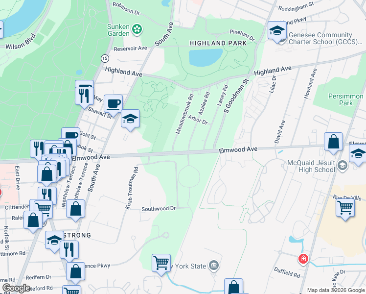 map of restaurants, bars, coffee shops, grocery stores, and more near 1150 Elmwood Avenue in Rochester