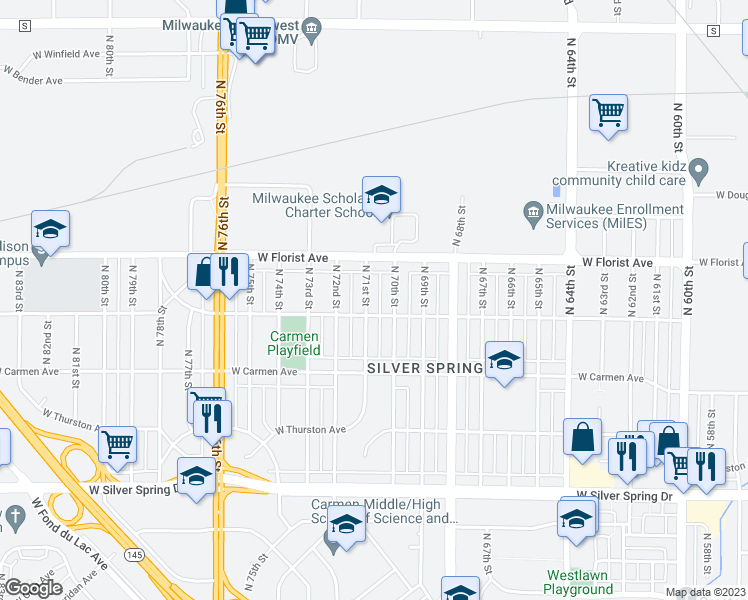 map of restaurants, bars, coffee shops, grocery stores, and more near 5916 North 71st Street in Milwaukee