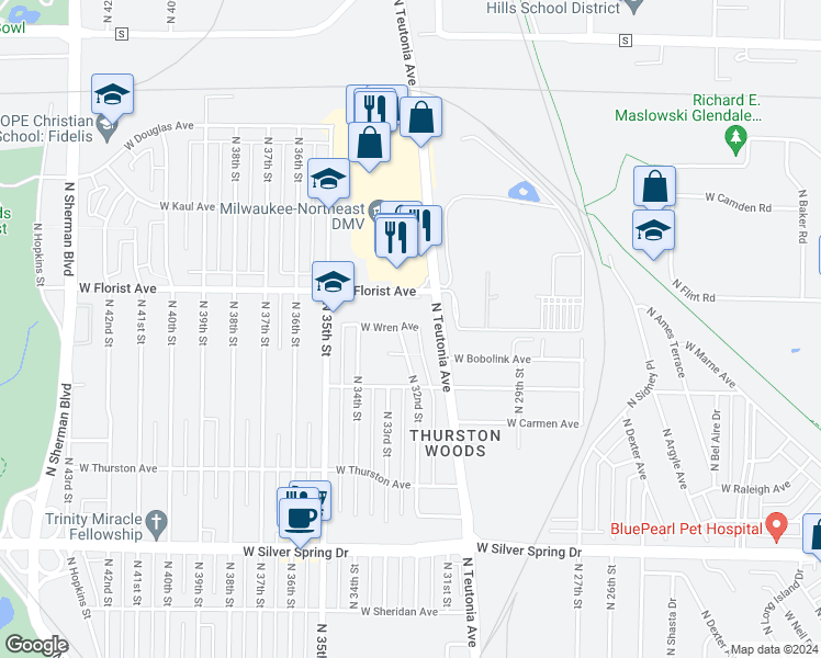 map of restaurants, bars, coffee shops, grocery stores, and more near 5932 N 32nd St in Milwaukee