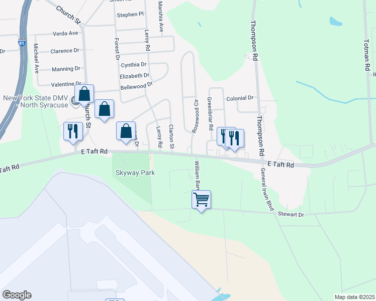 map of restaurants, bars, coffee shops, grocery stores, and more near 5991 East Taft Road in Syracuse