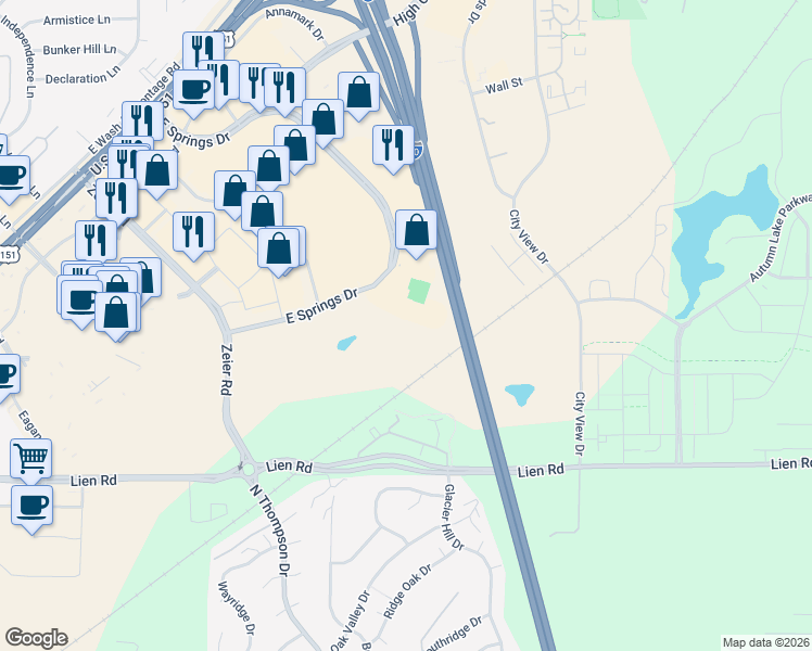 map of restaurants, bars, coffee shops, grocery stores, and more near 2115 East Springs Drive in Madison