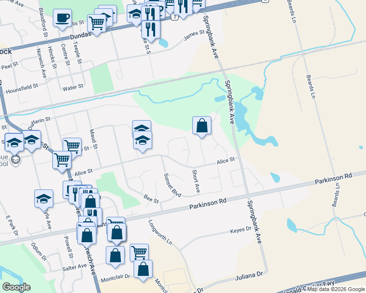 map of restaurants, bars, coffee shops, grocery stores, and more near 8 Elmwood Place in Woodstock