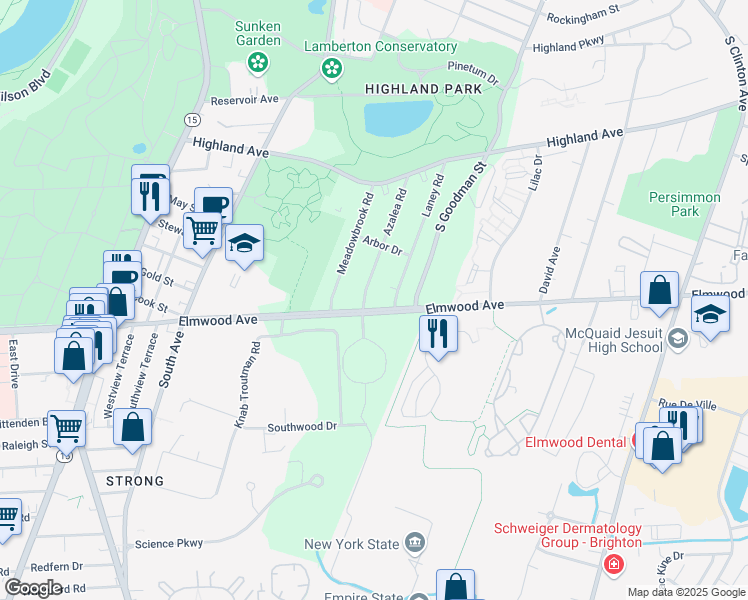 map of restaurants, bars, coffee shops, grocery stores, and more near 1184 Elmwood Avenue in Rochester