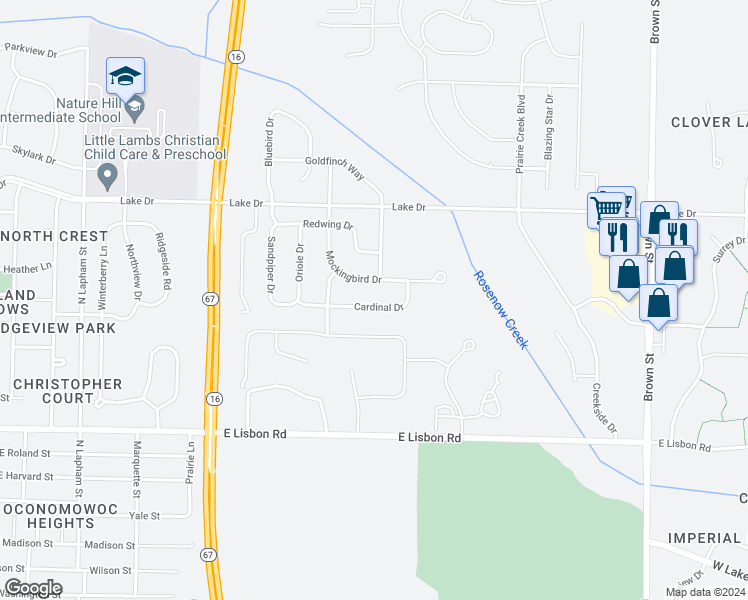 map of restaurants, bars, coffee shops, grocery stores, and more near 1346 Cardinal Drive in Oconomowoc