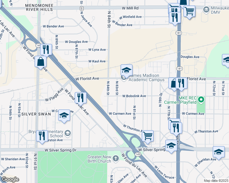 map of restaurants, bars, coffee shops, grocery stores, and more near 5917 North 83rd Street in Milwaukee