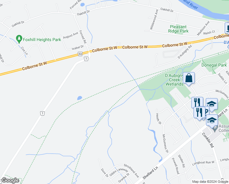 map of restaurants, bars, coffee shops, grocery stores, and more near 620 Colborne Street West in Brantford