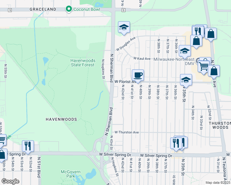 map of restaurants, bars, coffee shops, grocery stores, and more near in Milwaukee